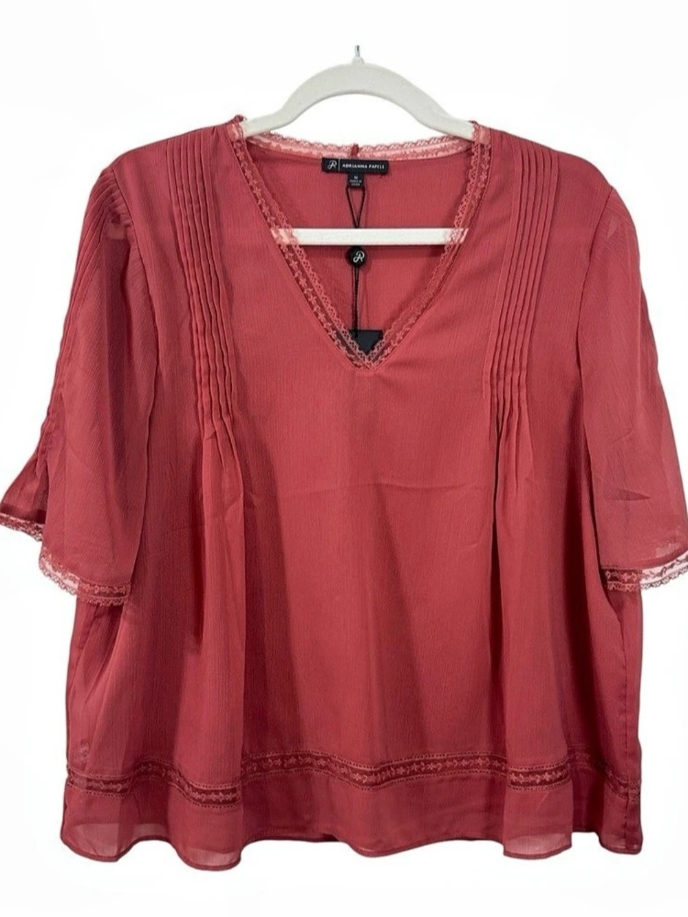 Size S, M Adrianna Papell Pintuck Lace Trimmed Blouse In Sweetrose Medium